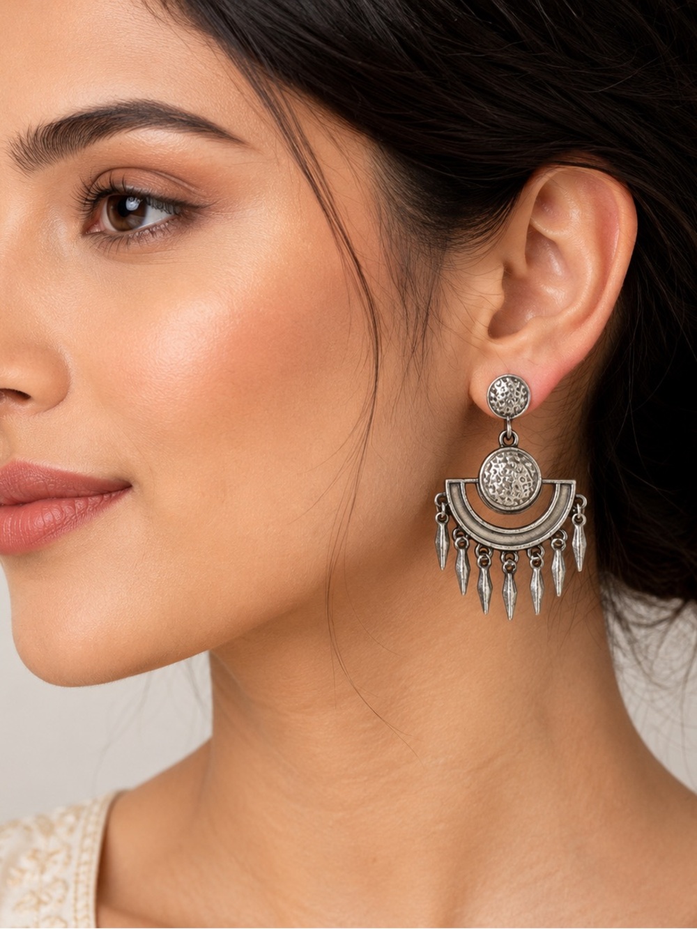 Silver Tone Lightweight Half Moon Dangle Boho Funky Casual Earrings